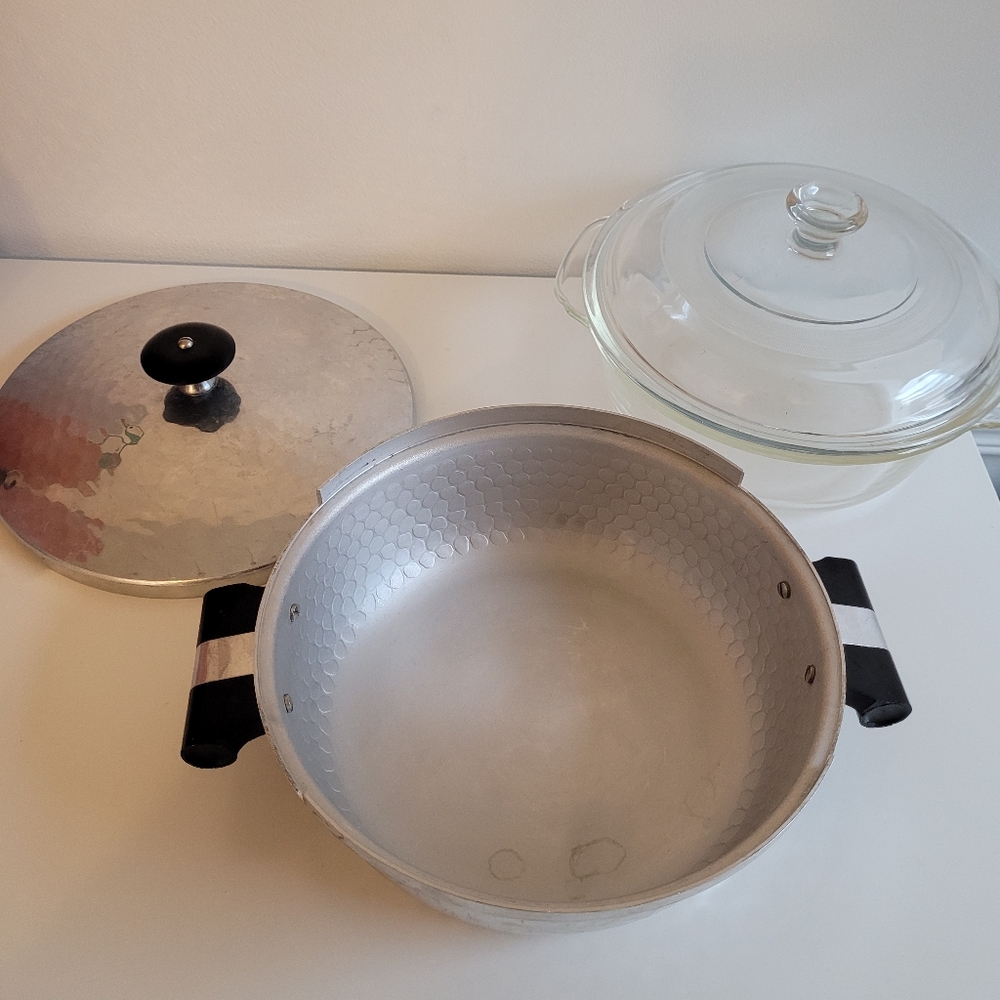 1950s Puralum of Italy Vented Hammered Aluminum Casserole Dish Fire King 4 Pc